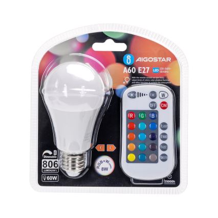 Bombilla LED RGBW regulable E27/8W/230V 3000K + control remoto - Aigostar