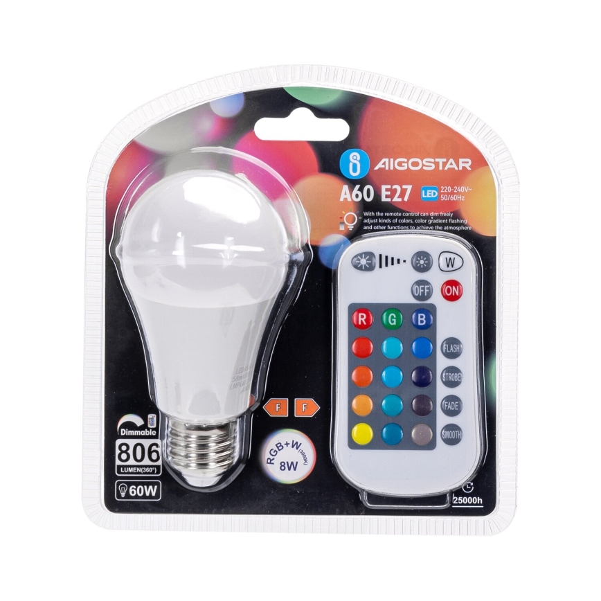 Bombilla LED RGBW regulable E27/8W/230V 3000K + control remoto - Aigostar
