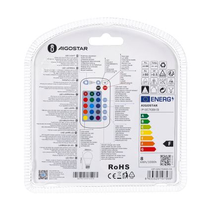 Bombilla LED RGBW regulable E27/8W/230V 3000K + control remoto - Aigostar