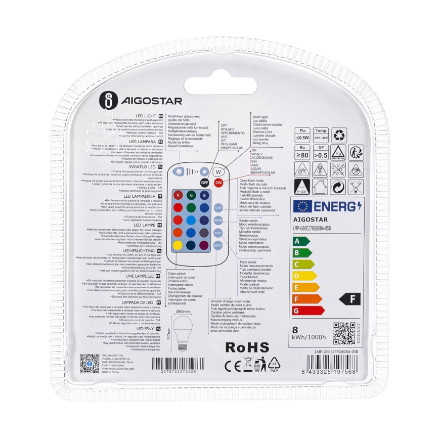Bombilla LED RGBW regulable E27/8W/230V 3000K + control remoto - Aigostar