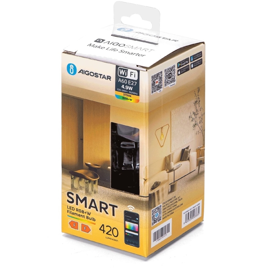 Bombilla LED RGBW regulable FILAMENT A60 E27/4,9W/230V 2700K Wi-Fi - Aigostar