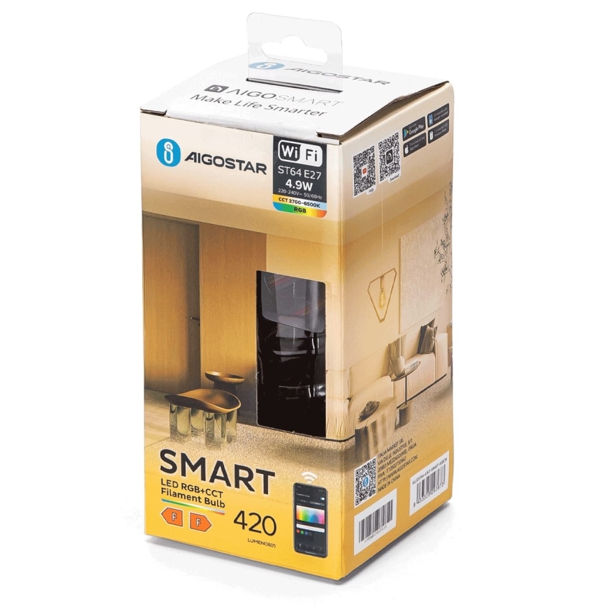 Bombilla LED RGBW regulable FILAMENT ST64 E27/4,9W/230V 2700-6500K Wi-Fi - Aigostar