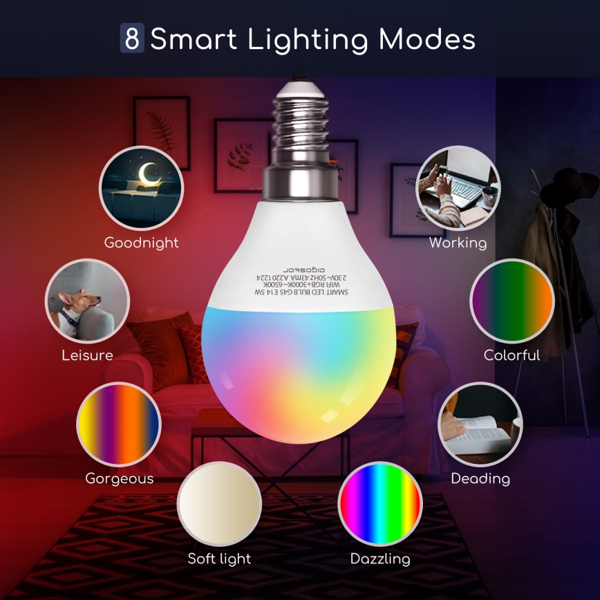 Bombilla LED RGBW regulable G45 E14/5W/230V 3000-6500K Wi-Fi - Aigostar