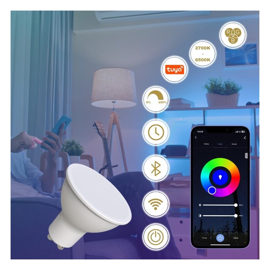 Bombilla LED RGBW regulable GU10/4,5W/230V 2700-6500K Wi-Fi Tuya