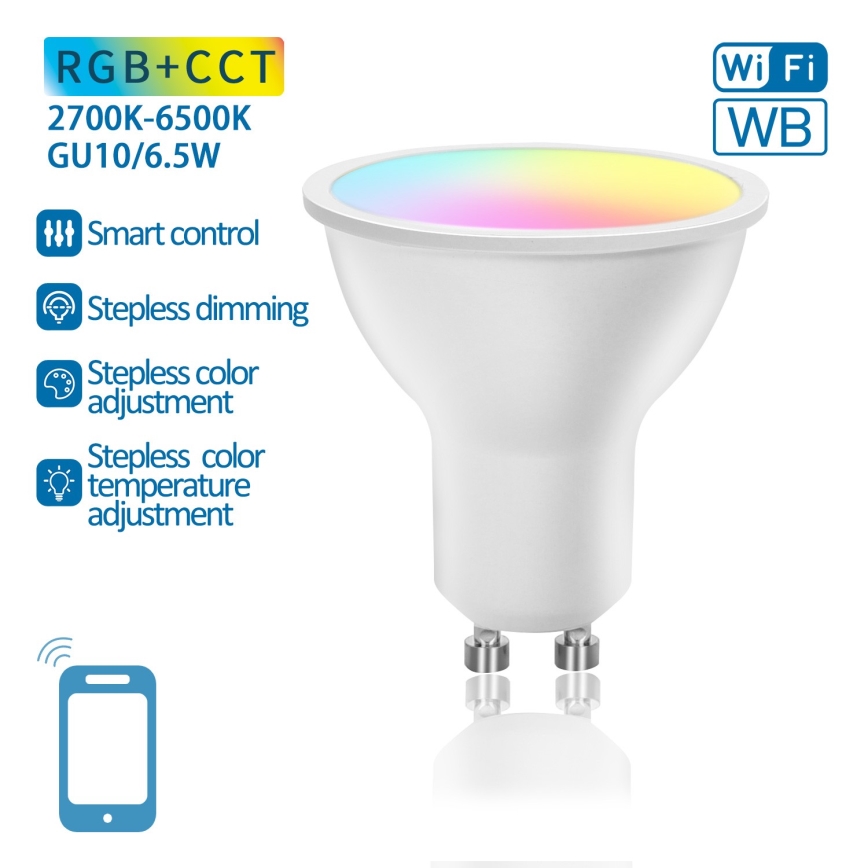 Bombilla LED RGBW regulable GU10/6,5W/230V 2700-6500K Wi-Fi - Aigostar
