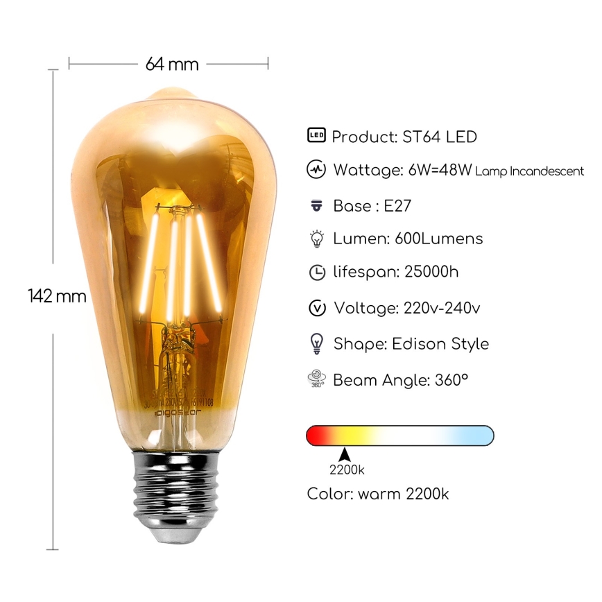 Bombilla LED ST64 E27/6W/230V 2200K - Aigostar