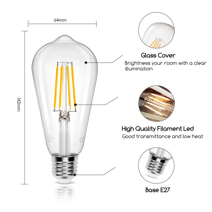 Bombilla LED ST64 E27/8W/230V 2700K - Aigostar