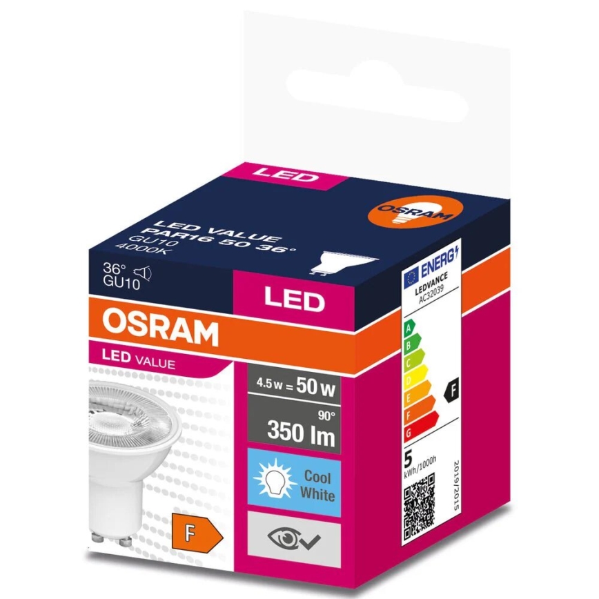 Bombilla LED VALUE PAR16 GU10/4,5W/230V 4000K 36° blanco - Osram