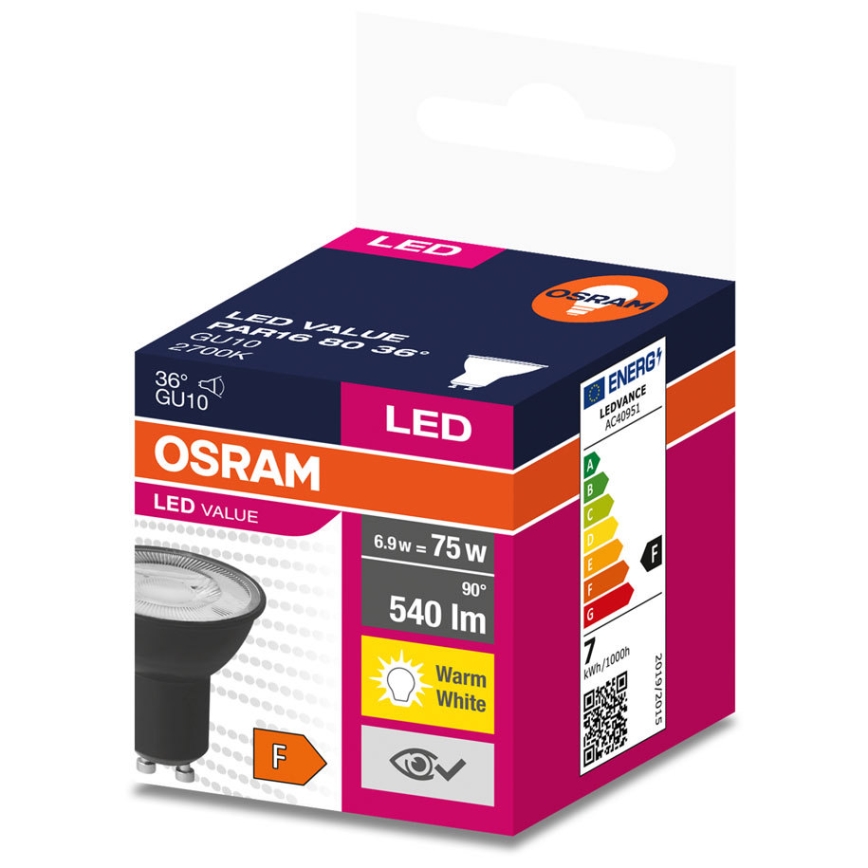 Bombilla LED VALUE PAR16 GU10/6,9W/230V 2700K 36° negro - Ledvance