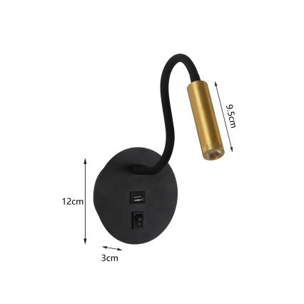 Brilagi - Aplique flexible LED con puerto USB MAYA LED/3W/230V negro/dorado