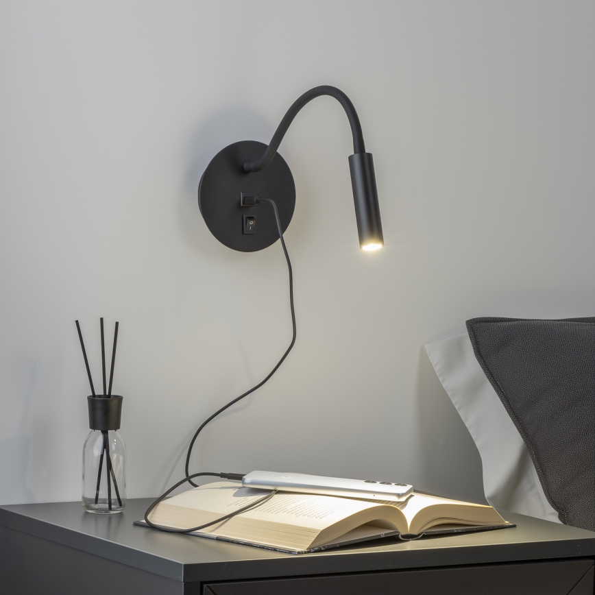 Brilagi - Aplique flexible LED con puerto USB MAYA LED/3W/230V negro