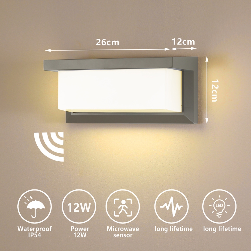 Brilagi - Aplique LED de exterior con sensor BRICKY LED/12W/230V gris IP54