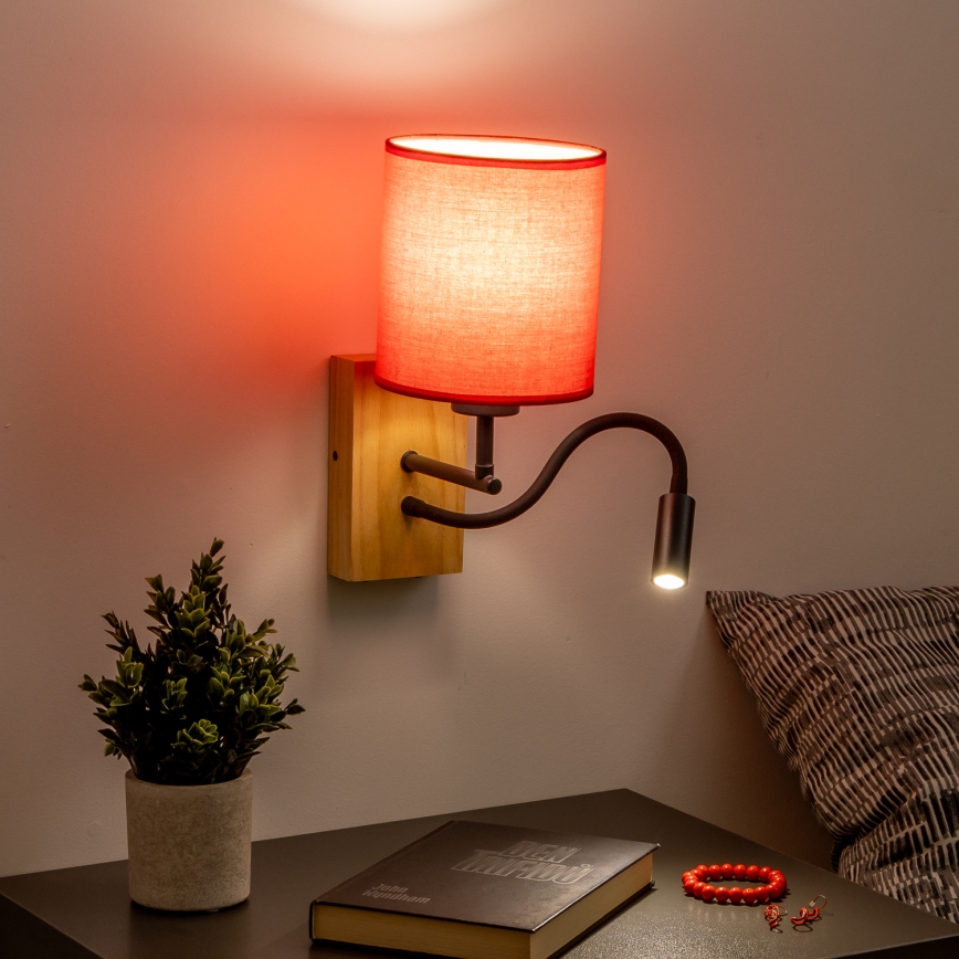 Brilagi - LED Aplique flexible NUBILA WOOD 1xE27/25W/230V + LED/3W roble/rojo