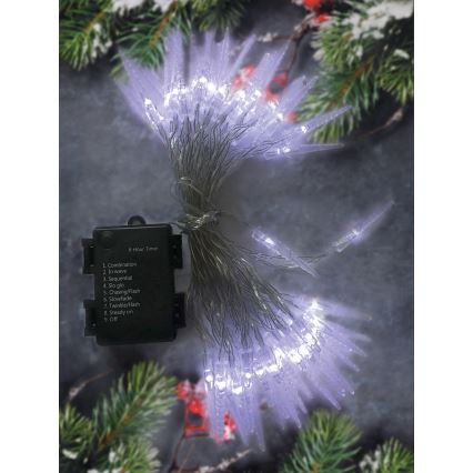 Brilagi - Cadena de Navidad LED para exteriores 50xLED/8 funciones/3xAA 8m IP44 blanco frío