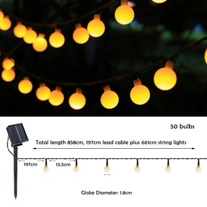 Brilagi - Cadena decorativa solar LED BUBBLE 50xLED/8 funciones 7m IP65 blanco cálido 600 mAh