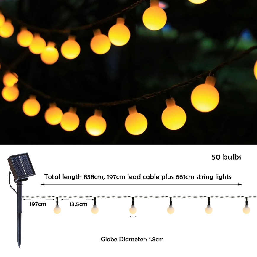 Brilagi - Cadena decorativa solar LED BUBBLE 50xLED/8 funciones 7m IP65 blanco cálido 600 mAh
