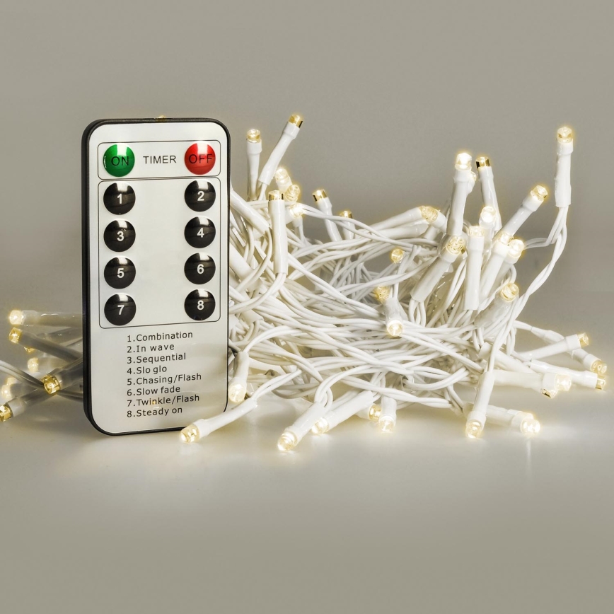 Brilagi - Cadena navideña LED para exterior 120xLED/8 funciones/3xAA 9,5m blanco IP44 blanco cálido + control remoto