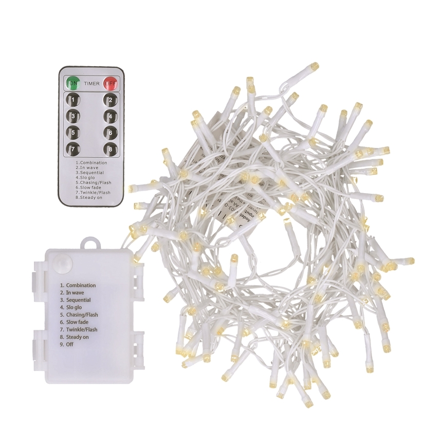 Brilagi - Cadena navideña LED para exterior 120xLED/8 funciones/3xAA 9,5m blanco IP44 blanco cálido + control remoto