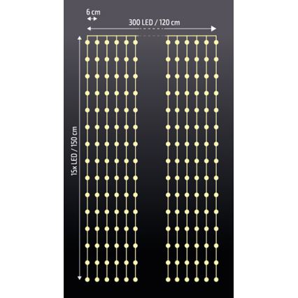 Brilagi - Cortina de Navidad LED 300xLED/8 funciones/3xAA/USB 1,2m blanco cálido