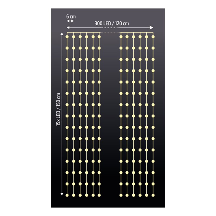 Brilagi - Cortina de Navidad LED 300xLED/8 funciones/3xAA/USB 1,2m blanco cálido