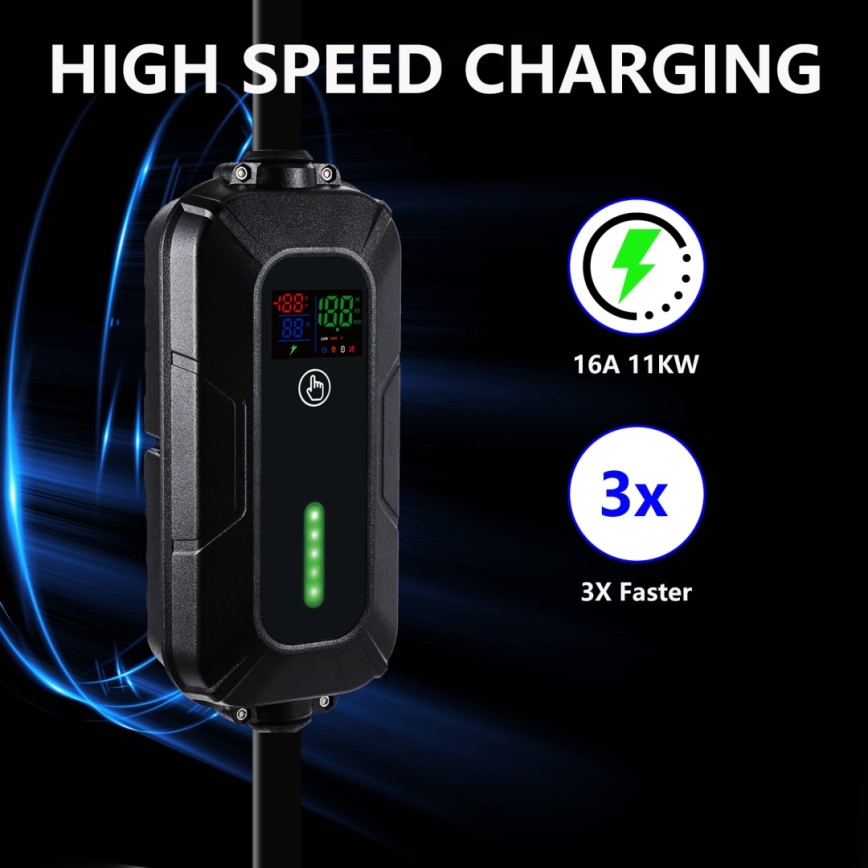 Brilagi - Estación de carga para coches eléctricos FAST AC Tipo 2 16A/380V 11kW + enchufe 230V, 3,7kW 5m + estuche