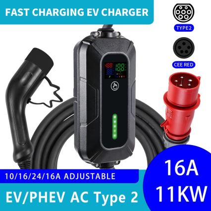 Brilagi - Estación de carga para coches eléctricos FAST AC Tipo 2 16A/380V 11kW + enchufe 230V, 3,7kW 5m + estuche