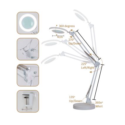 Brilagi - Lámpara de mesa LED regulable con una lupa LENS LED/12W/5V 3000/4200/6000K blanco