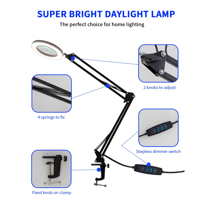 Brilagi - Lámpara de mesa LED regulable con una lupa LENS LED/12W/5V 3000/4200/6000K negro