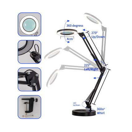 Brilagi - Lámpara de mesa LED regulable con una lupa LENS LED/12W/5V 3000/4200/6000K negro