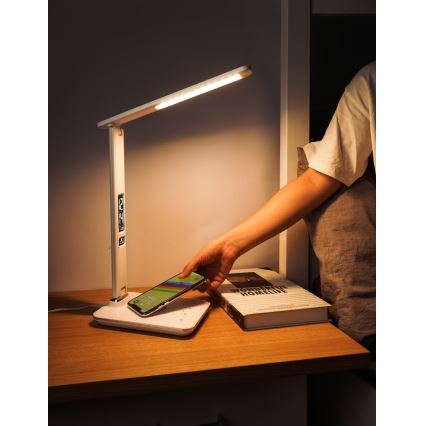 Brilagi - Lámpara de mesa LED regulable con cargador inalámbrico QI y USB REGINA LED/8,5W/230V blanco