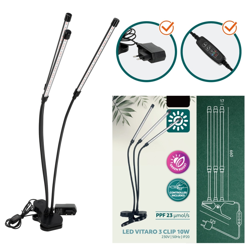 Brilagi - Lámpara de mesa LED regulable y flexible con pinza para cultivo de plantas VITABLOOM 3xLED/10W/230V negro
