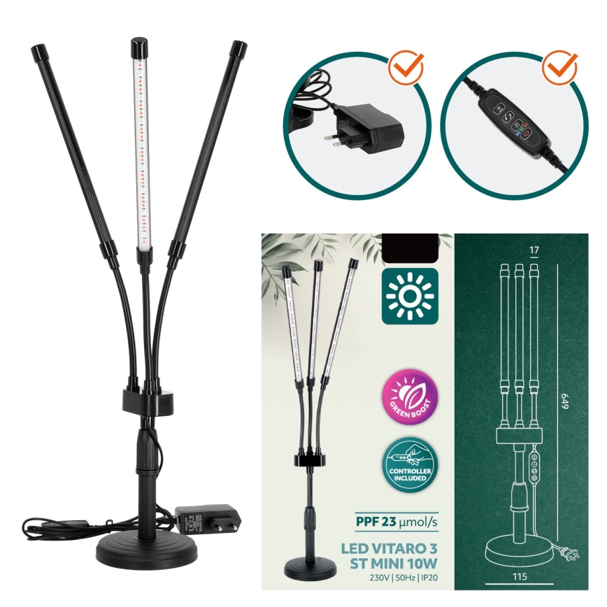 Brilagi - Lámpara de mesa flexible LED regulable para el cultivo de plantas VITABLOOM 3xLED/10W/230V negro