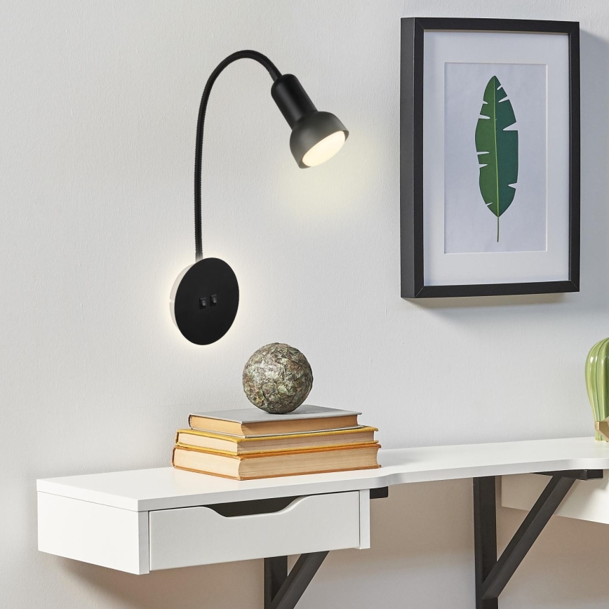 Briloner 2178015 - Lámpara LED flexible de pared 1xE14/10W/230V + LED/3W negro