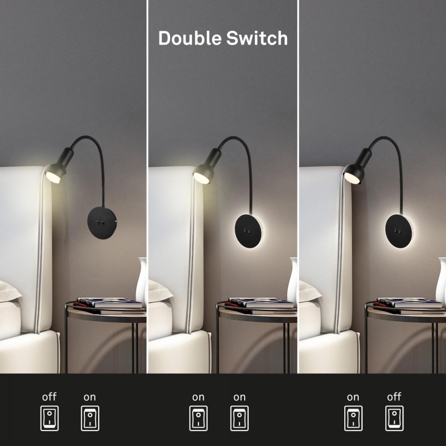 Briloner 2178015 - Lámpara LED flexible de pared 1xE14/10W/230V + LED/3W negro