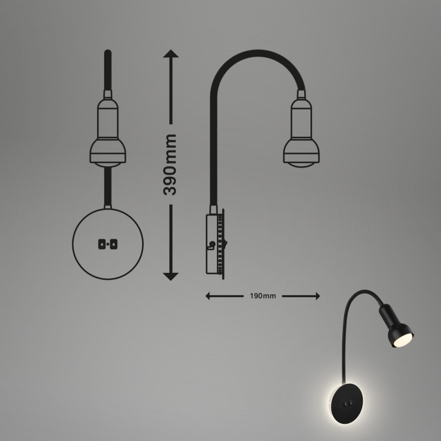 Briloner 2178015 - Lámpara LED flexible de pared 1xE14/10W/230V + LED/3W negro
