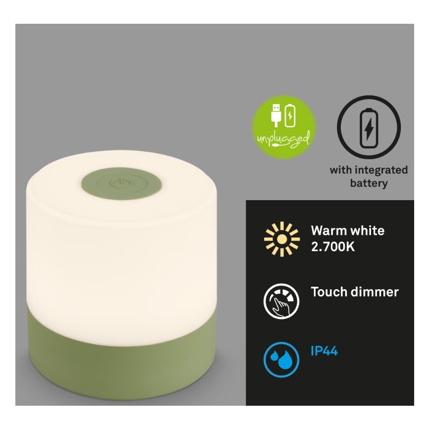 Briloner 7461019 - Lámpara de mesa LED exterior recargable y regulable LED/2W/5V IP44 1200 mAh verde