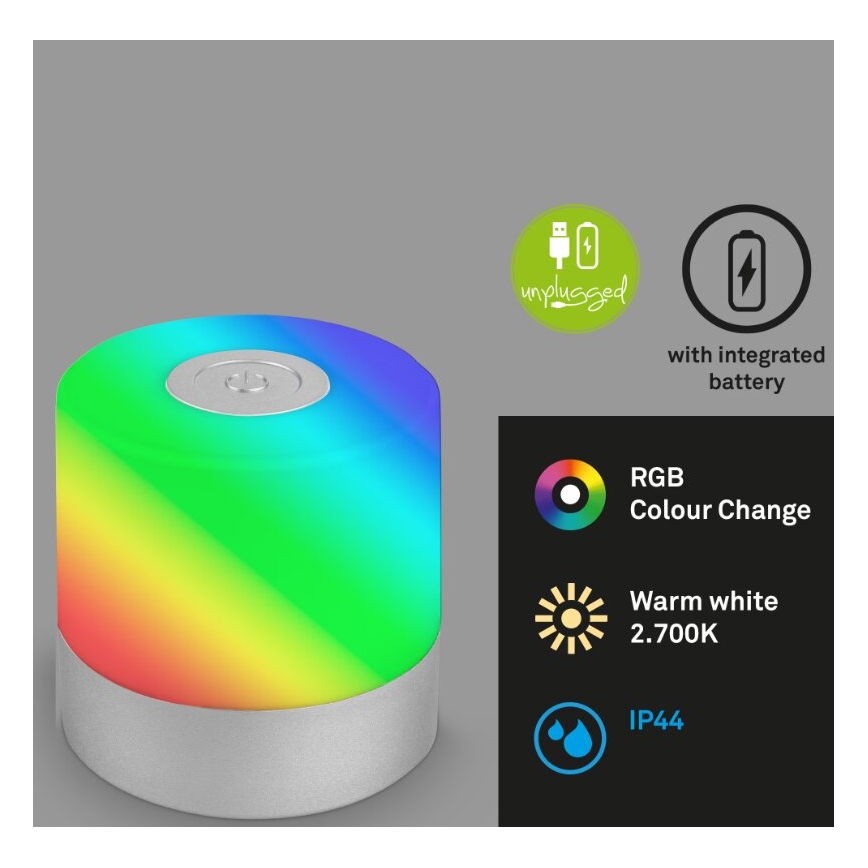 Briloner 7462014 - LED RGB Lámpara de mesa de exterior recargable LED/1,5W/5V IP44 cromo mate