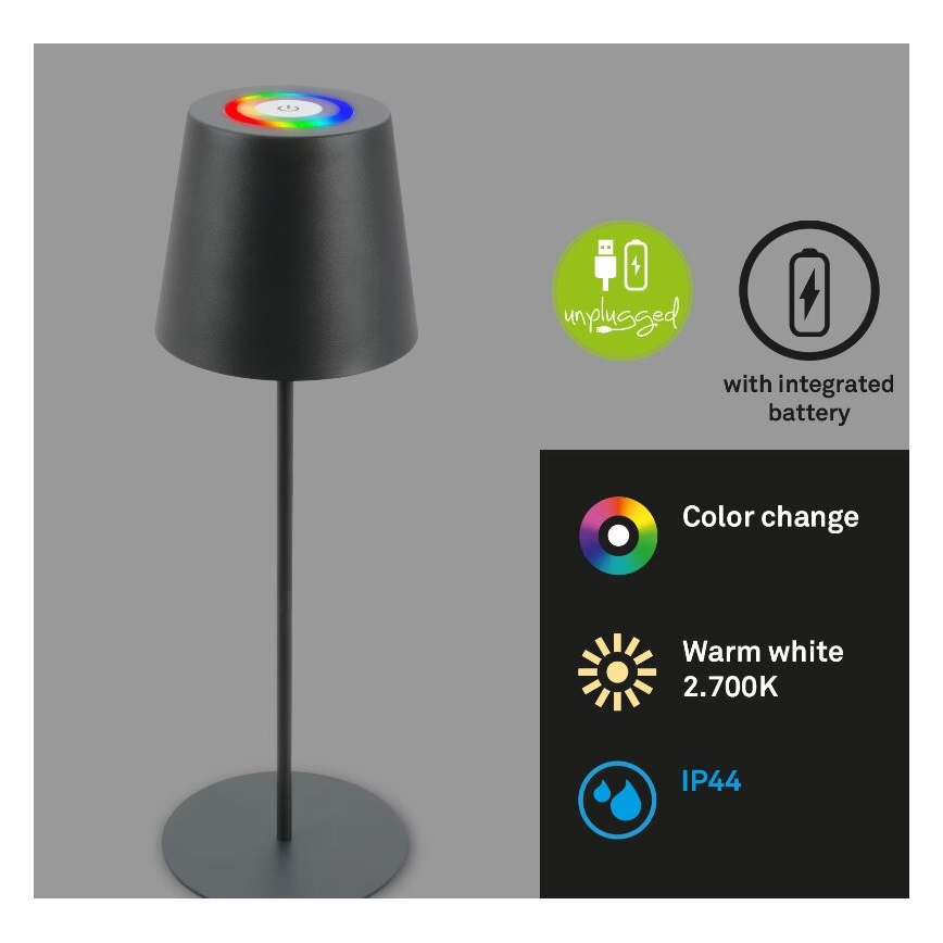 Briloner 7507015 - Lámpara de mesa de exterior LED RGB regulable y recargable 2en1 LED/2,5W/5V IP44 antracita