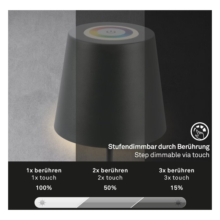 Briloner 7507015 - Lámpara de mesa de exterior LED RGB regulable y recargable 2en1 LED/2,5W/5V IP44 antracita