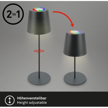 Briloner 7507015 - Lámpara de mesa de exterior LED RGB regulable y recargable 2en1 LED/2,5W/5V IP44 antracita