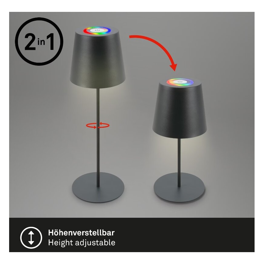 Briloner 7507015 - Lámpara de mesa de exterior LED RGB regulable y recargable 2en1 LED/2,5W/5V IP44 antracita
