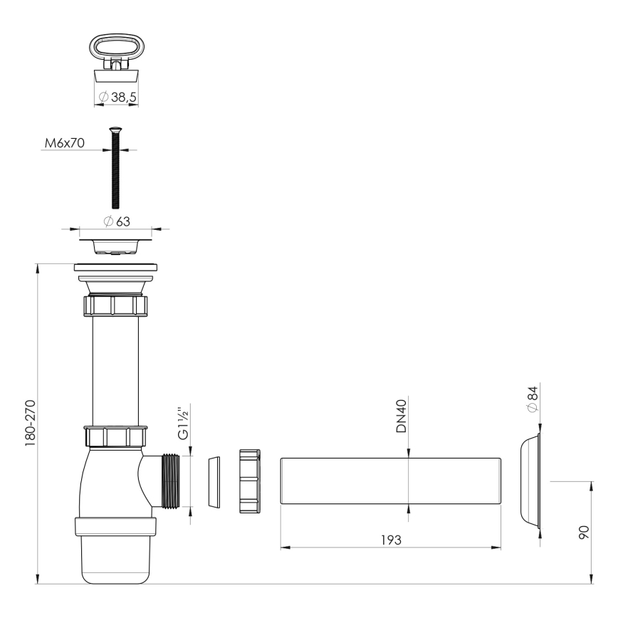 Bruckner - Sifón de lavabo con residuos DN40 blanco/acero inoxidable