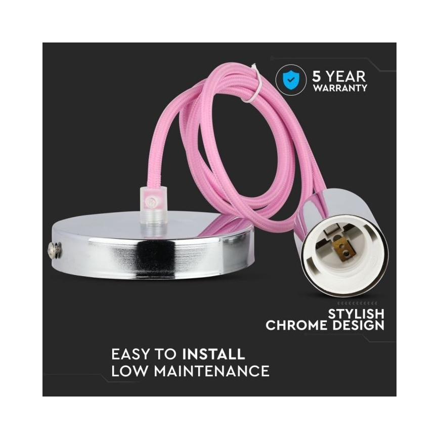 Cable de alimentación 1xE27/60W/230V rosa clara/cromo brillante