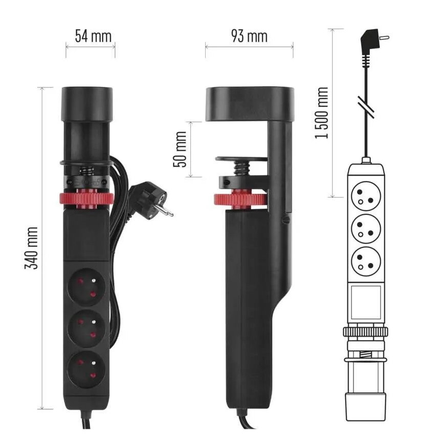 Cable de extensión con sujeción a la mesa 3Z + 3xUSB 1,5m negro