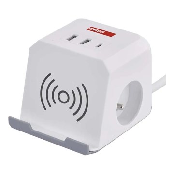 Cable de extensión cubo con carga inalámbrica QI 2Z +2xUSB-A+1xUSB-C 2m blanco