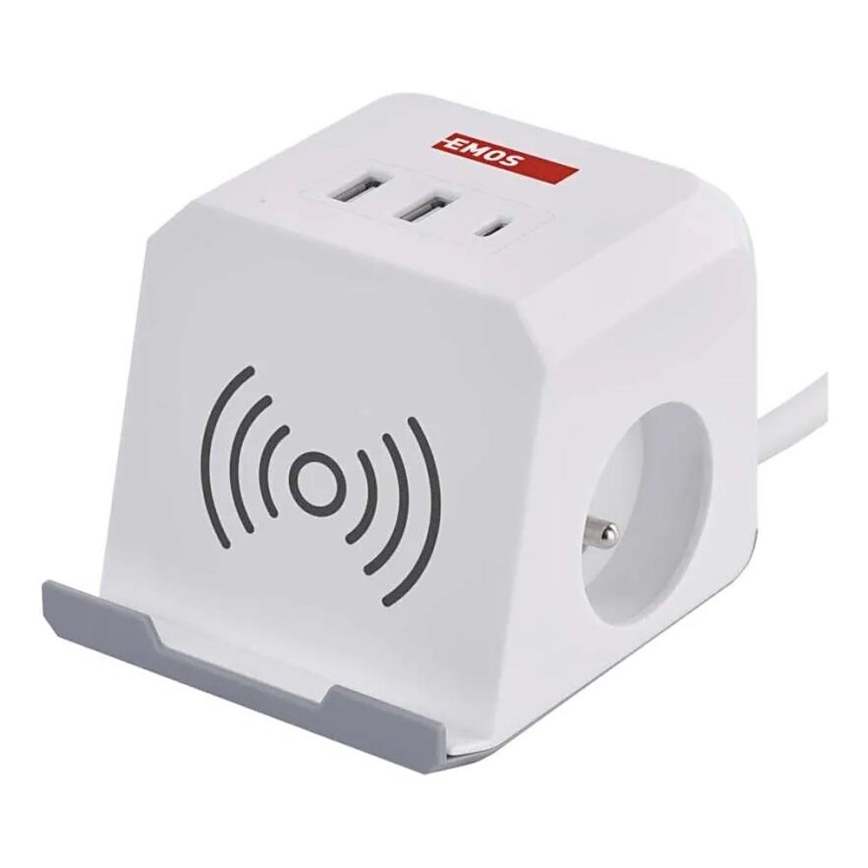 Cable de extensión cubo con carga inalámbrica QI 2Z +2xUSB-A+1xUSB-C 2m blanco
