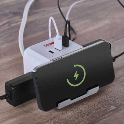 Cable de extensión cubo con carga inalámbrica QI 2Z +2xUSB-A+1xUSB-C 2m blanco
