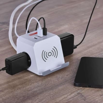Cable de extensión cubo con carga inalámbrica QI 2Z +2xUSB-A+1xUSB-C 2m blanco
