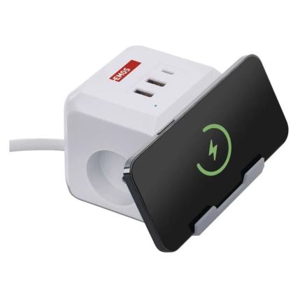 Cable de extensión cubo con carga inalámbrica QI 2Z +2xUSB-A+1xUSB-C 2m blanco