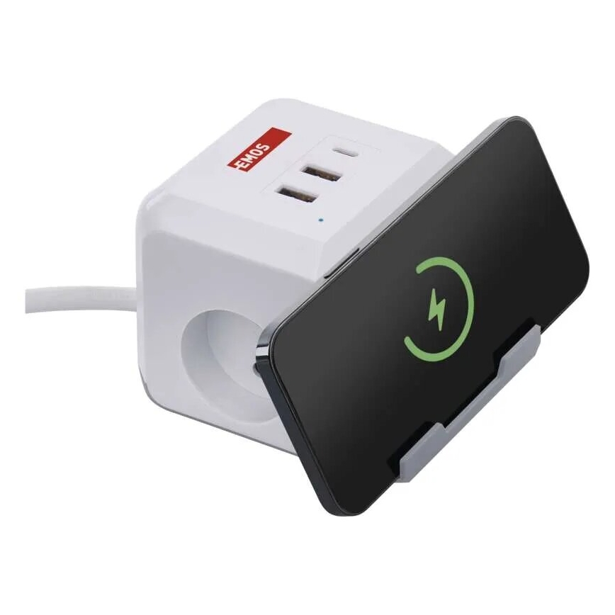 Cable de extensión cubo con carga inalámbrica QI 2Z +2xUSB-A+1xUSB-C 2m blanco
